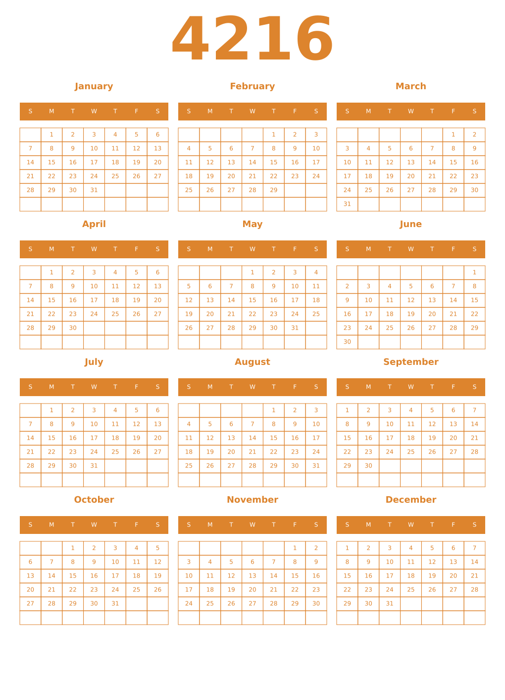 Printable 4216 Year Calendars orange