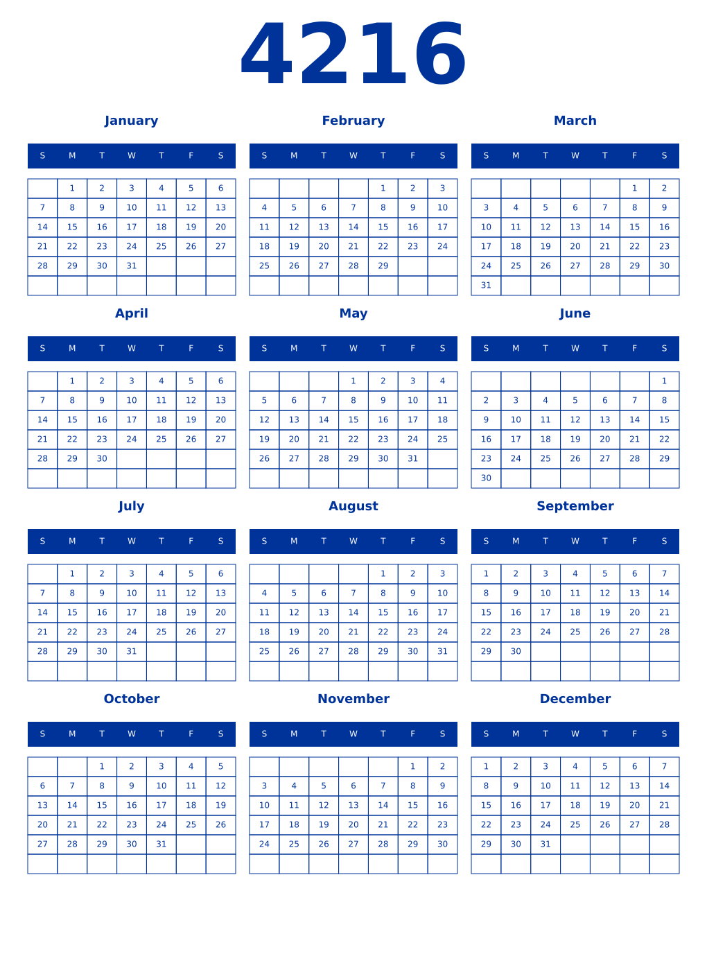 Printable 4216 Year Calendars smalt