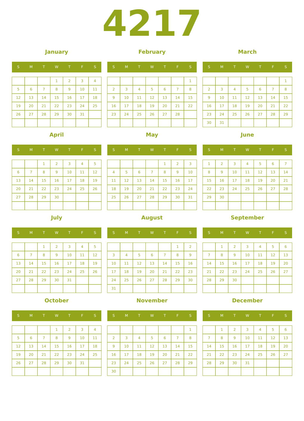 Printable 4217 Year Calendars chartreuse