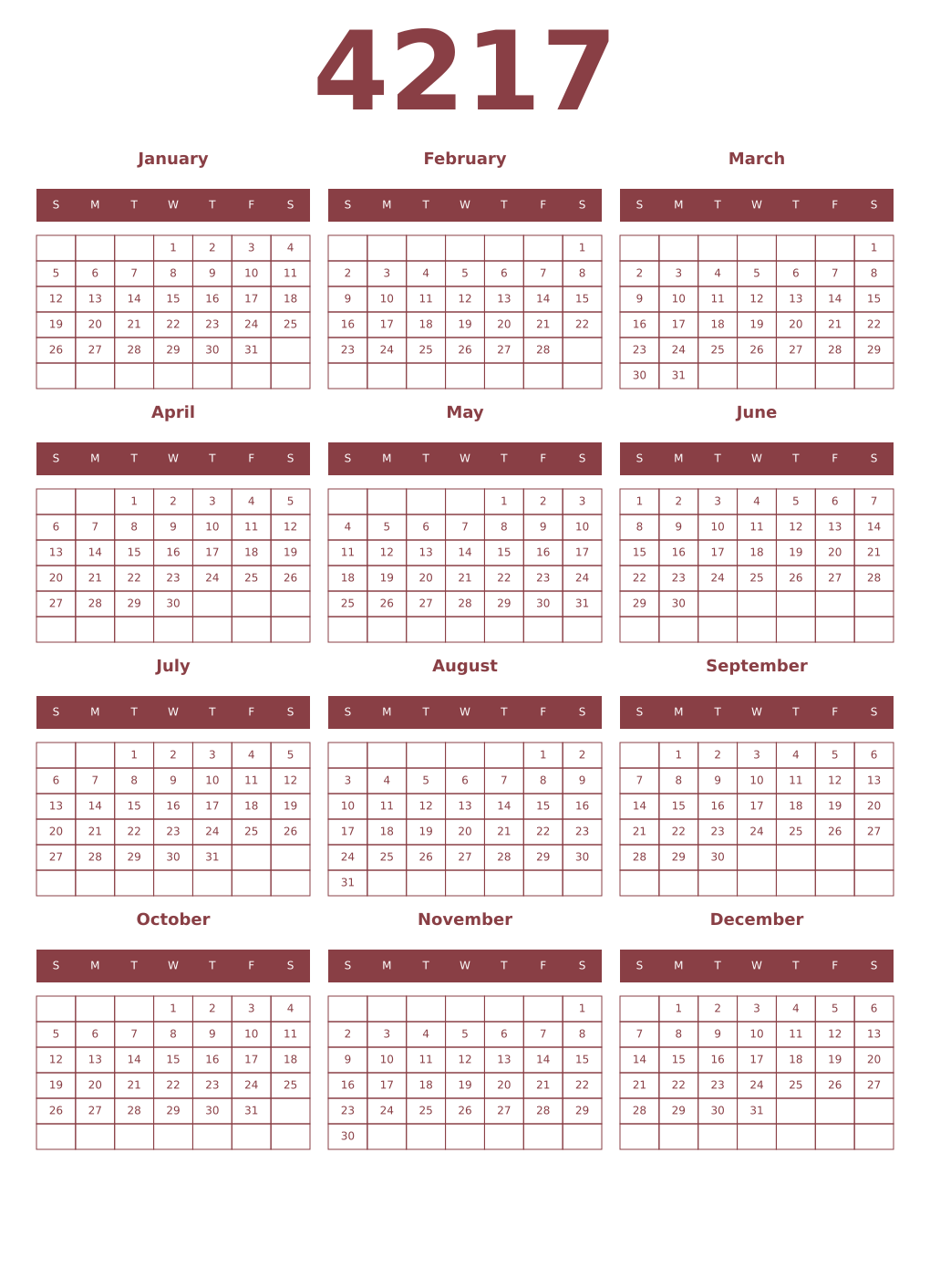 Printable 4217 Year Calendars cordovan