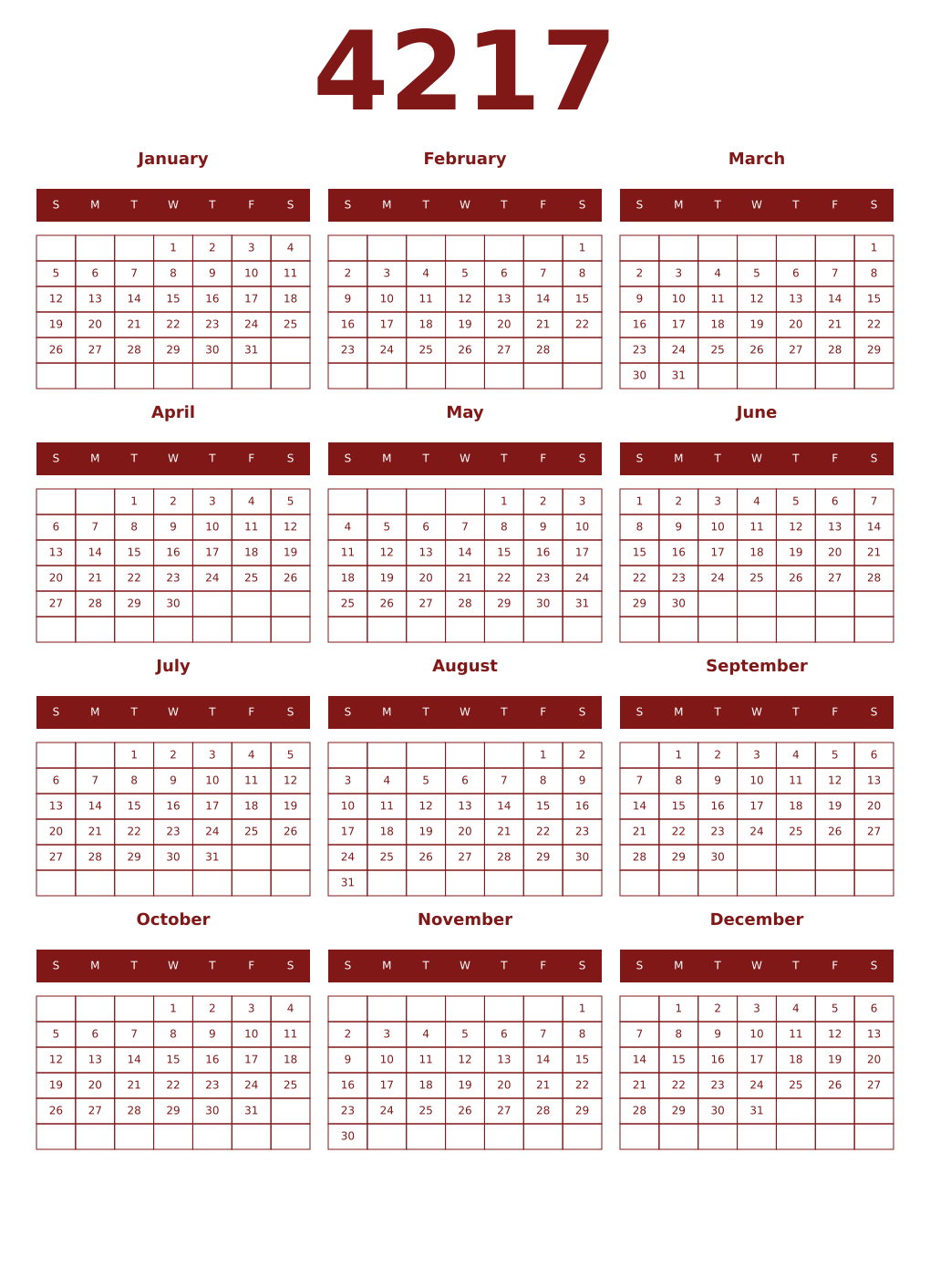 Printable 4217 Year Calendars falu