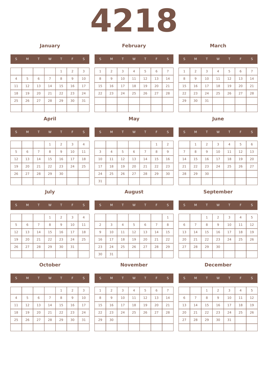 Printable 4218 Year Calendars coffe