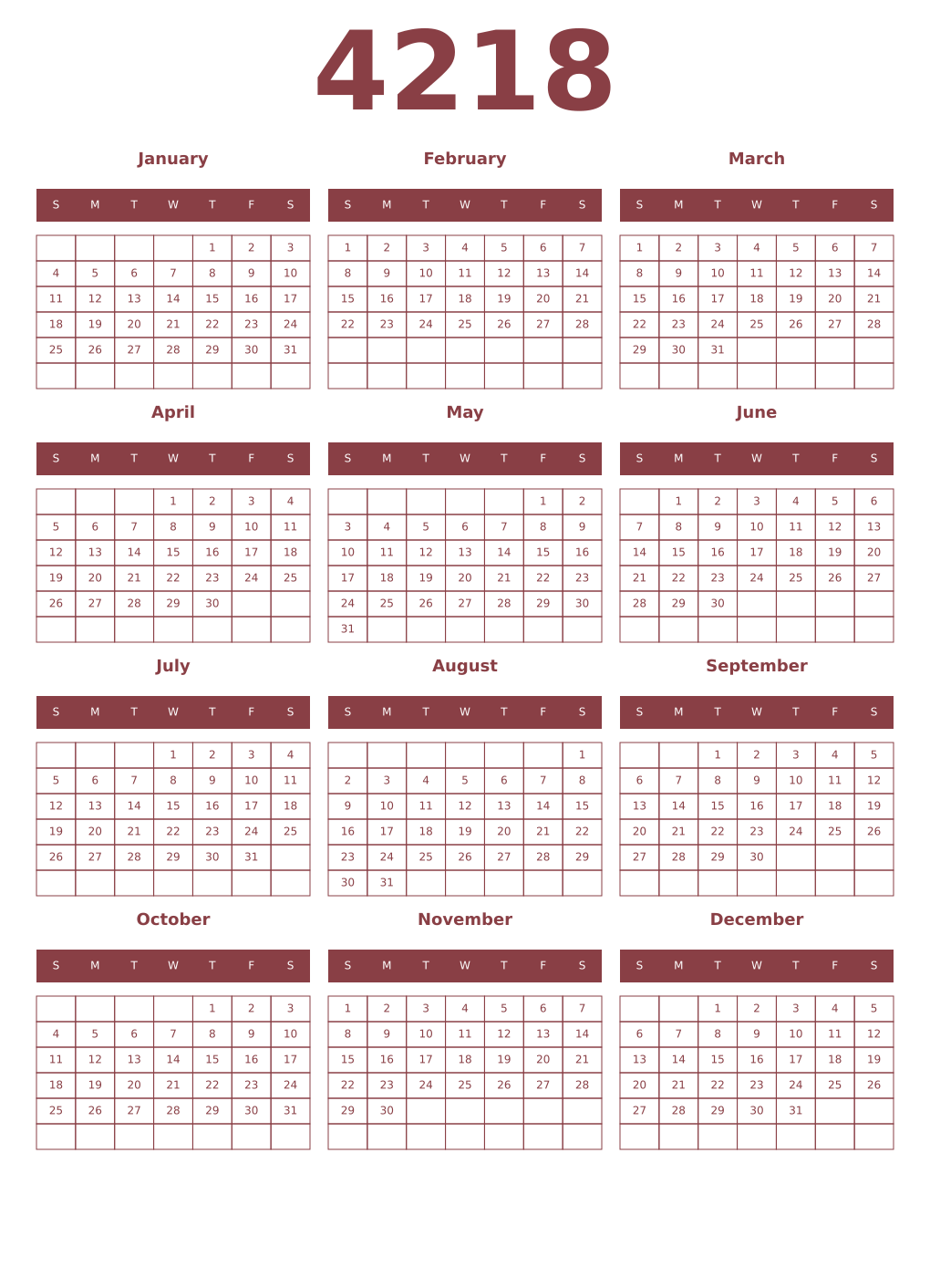Printable 4218 Year Calendars cordovan