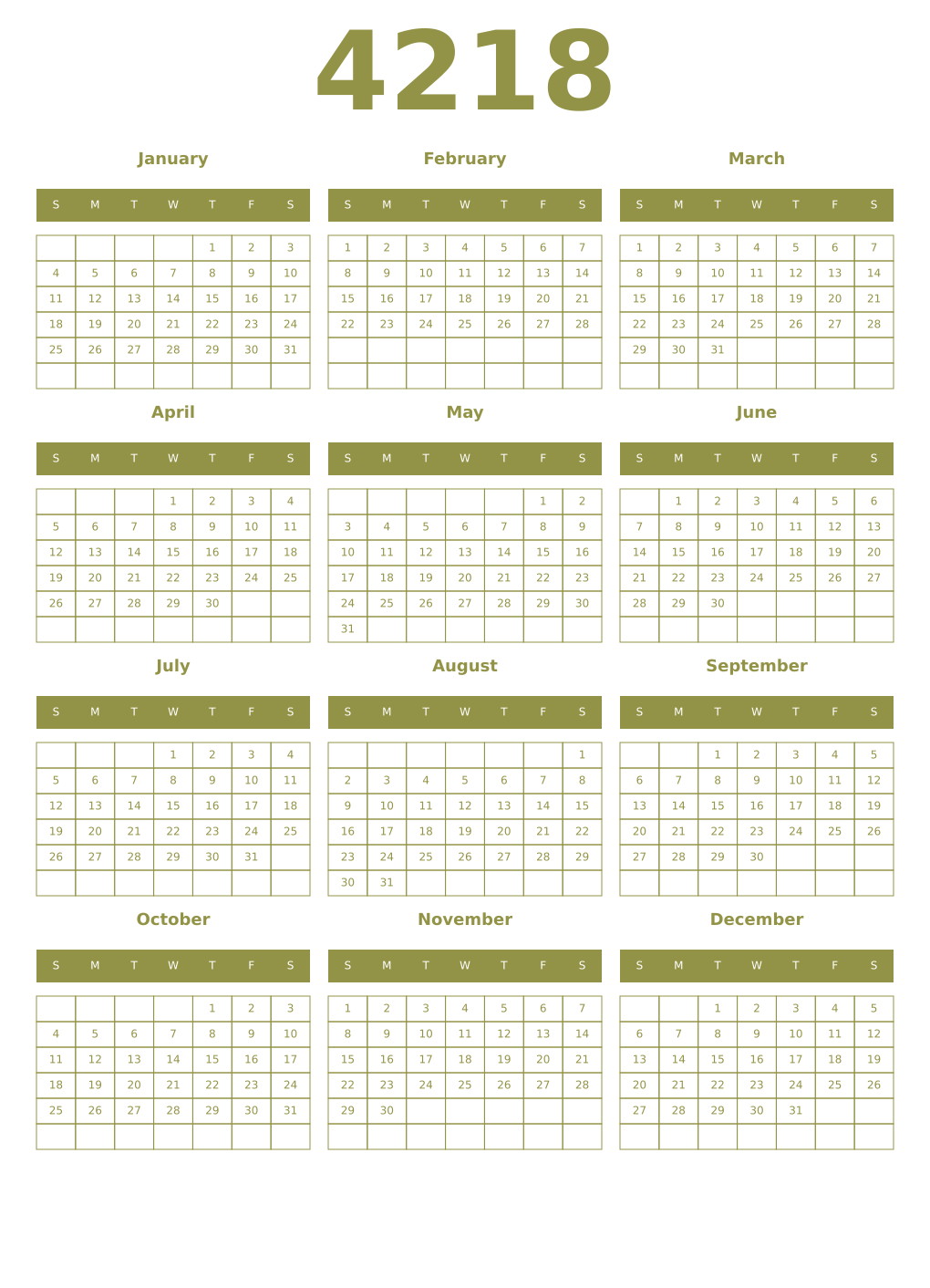 Printable 4218 Year Calendars eburnean