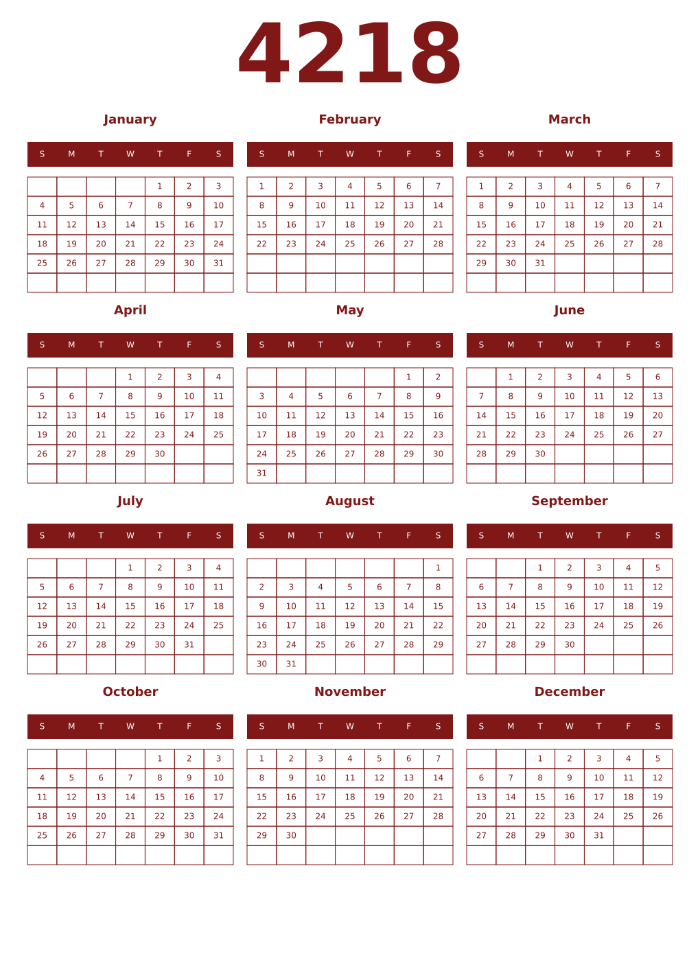 Printable 4218 Year Calendars falu