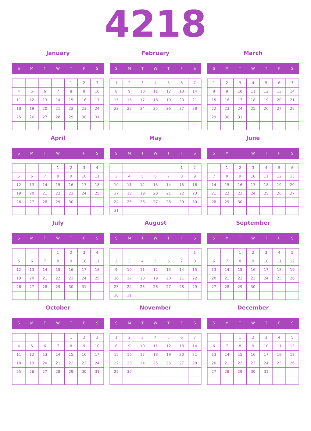 Printable 4218 Year Calendars purple