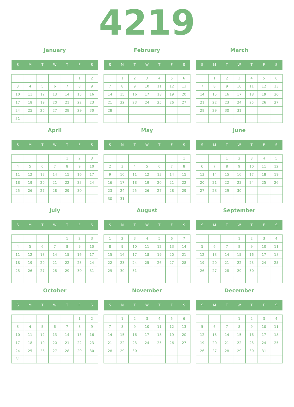 Printable 4219 Year Calendars celadon