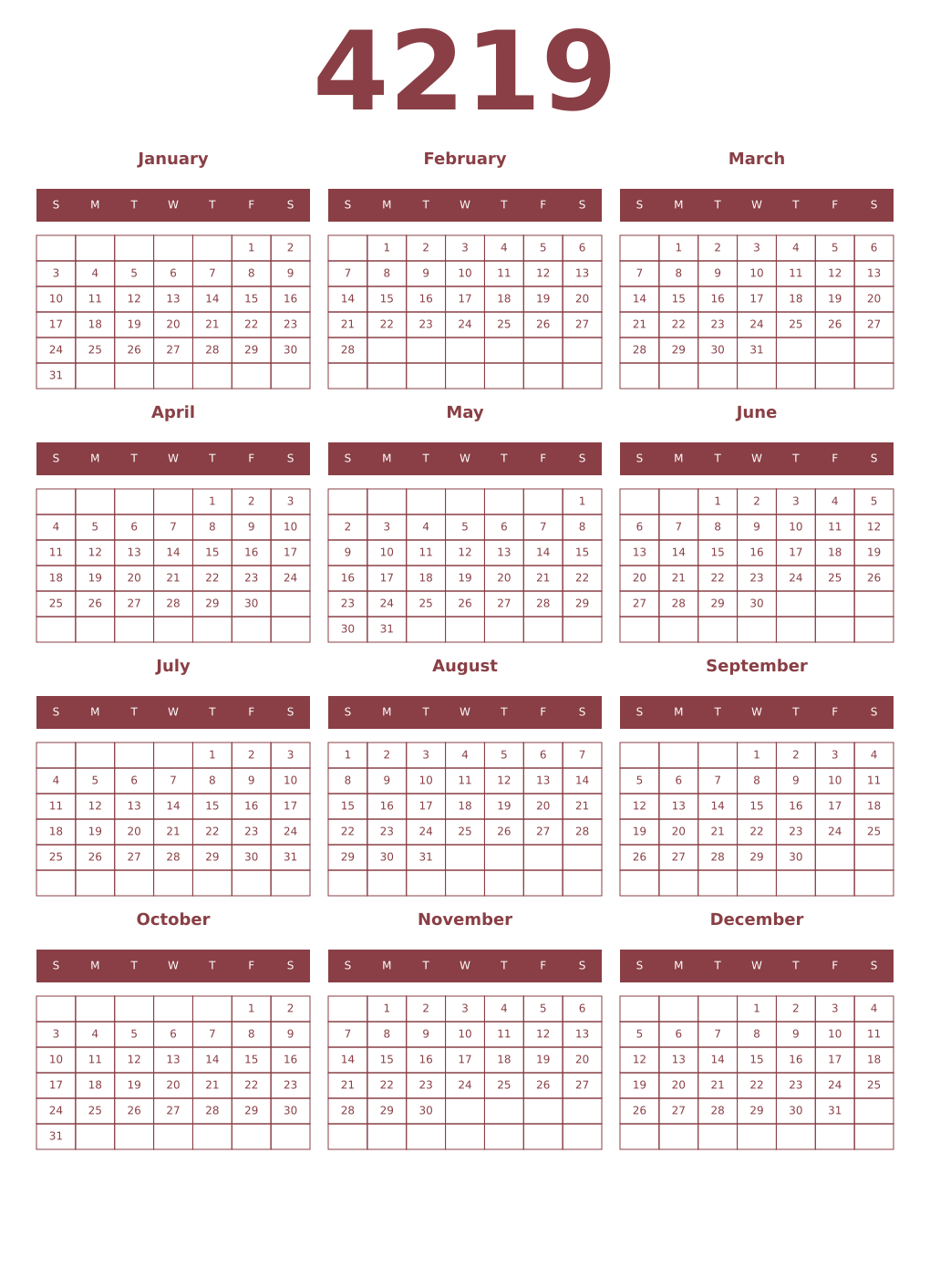 Printable 4219 Year Calendars cordovan