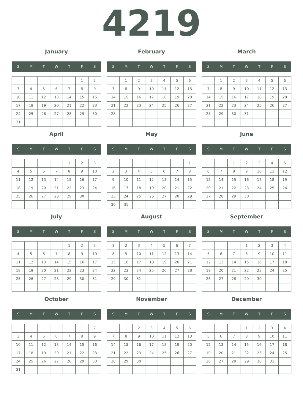Printable 4219 Year Calendars feldgrau