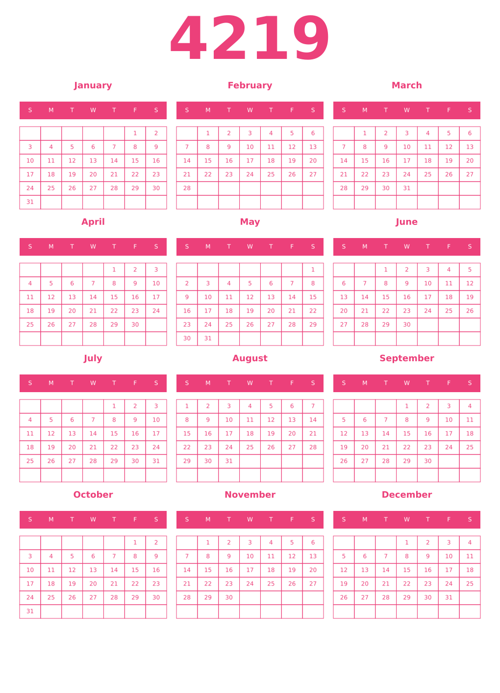 Printable 4219 Year Calendars pink