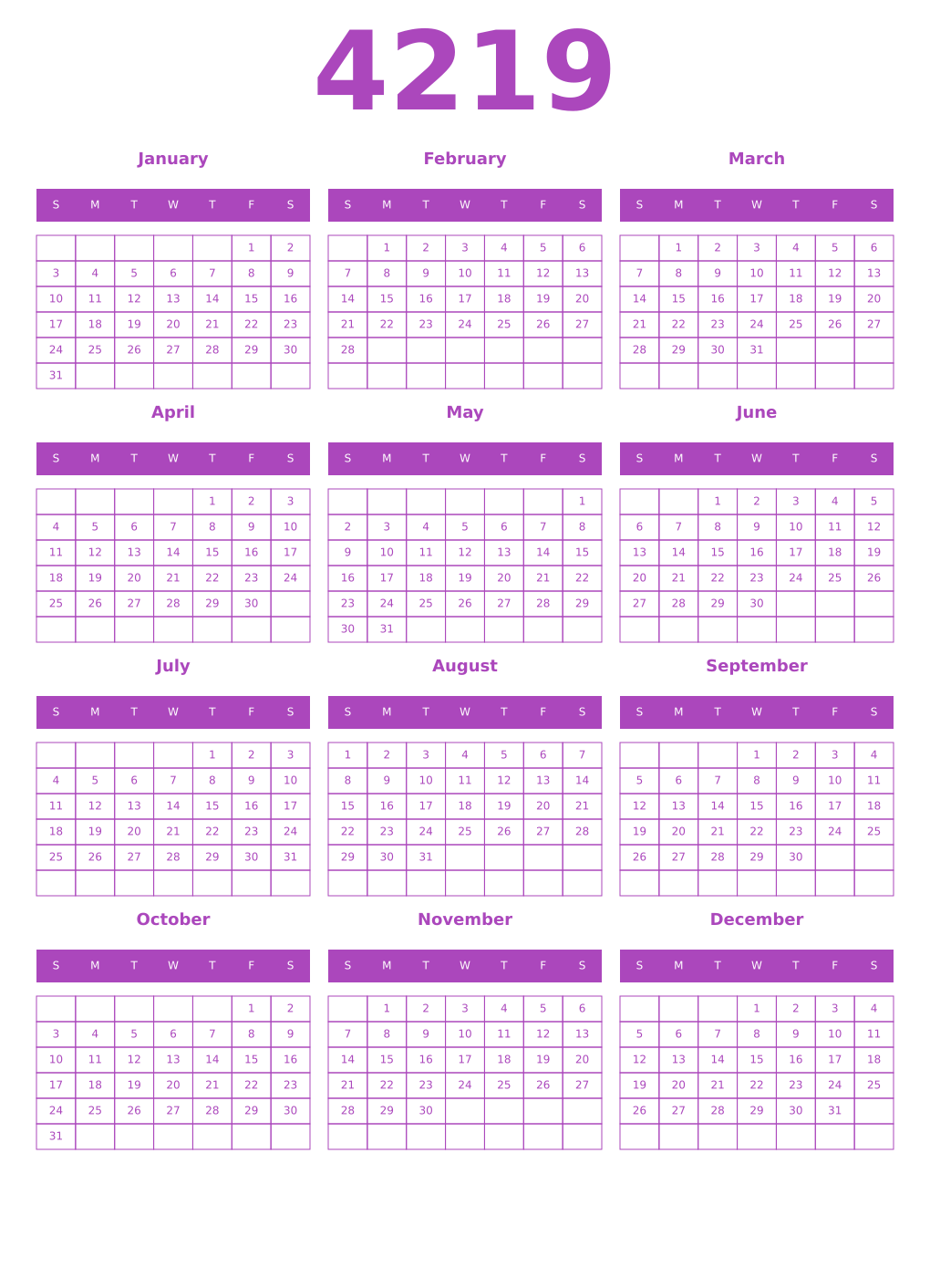 Printable 4219 Year Calendars purple