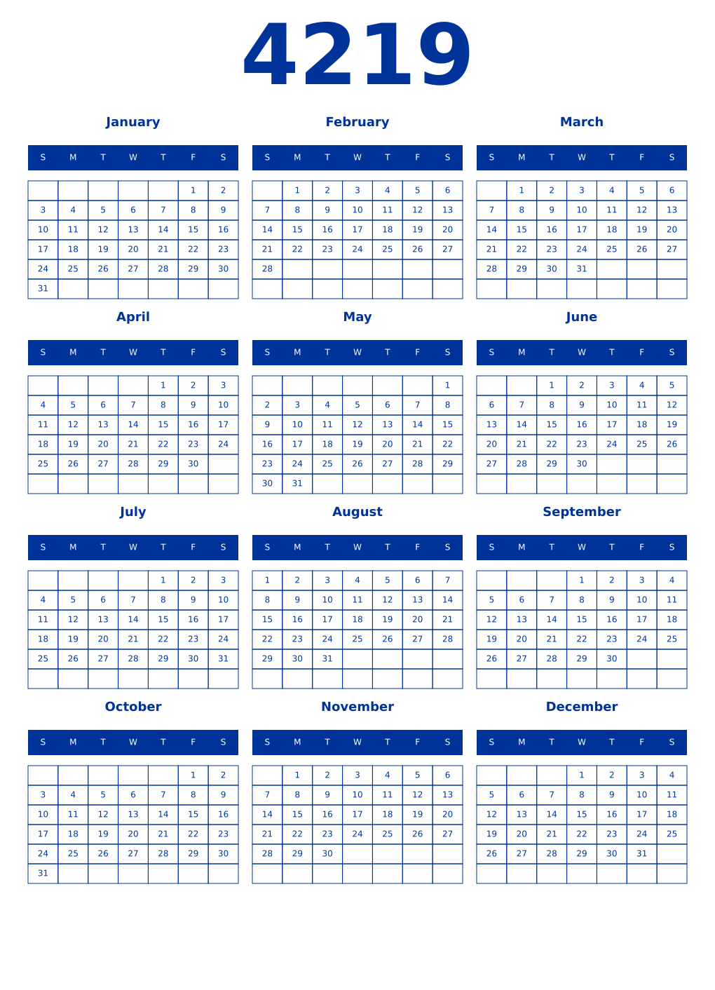 Printable 4219 Year Calendars smalt