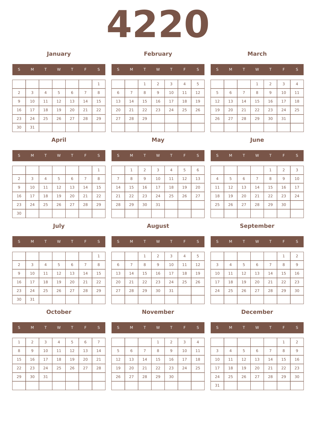 Printable 4220 Year Calendars coffe