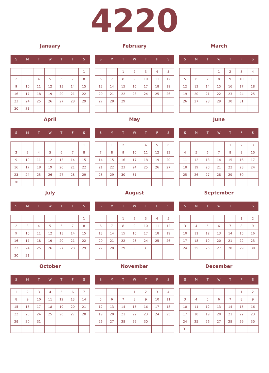 Printable 4220 Year Calendars cordovan
