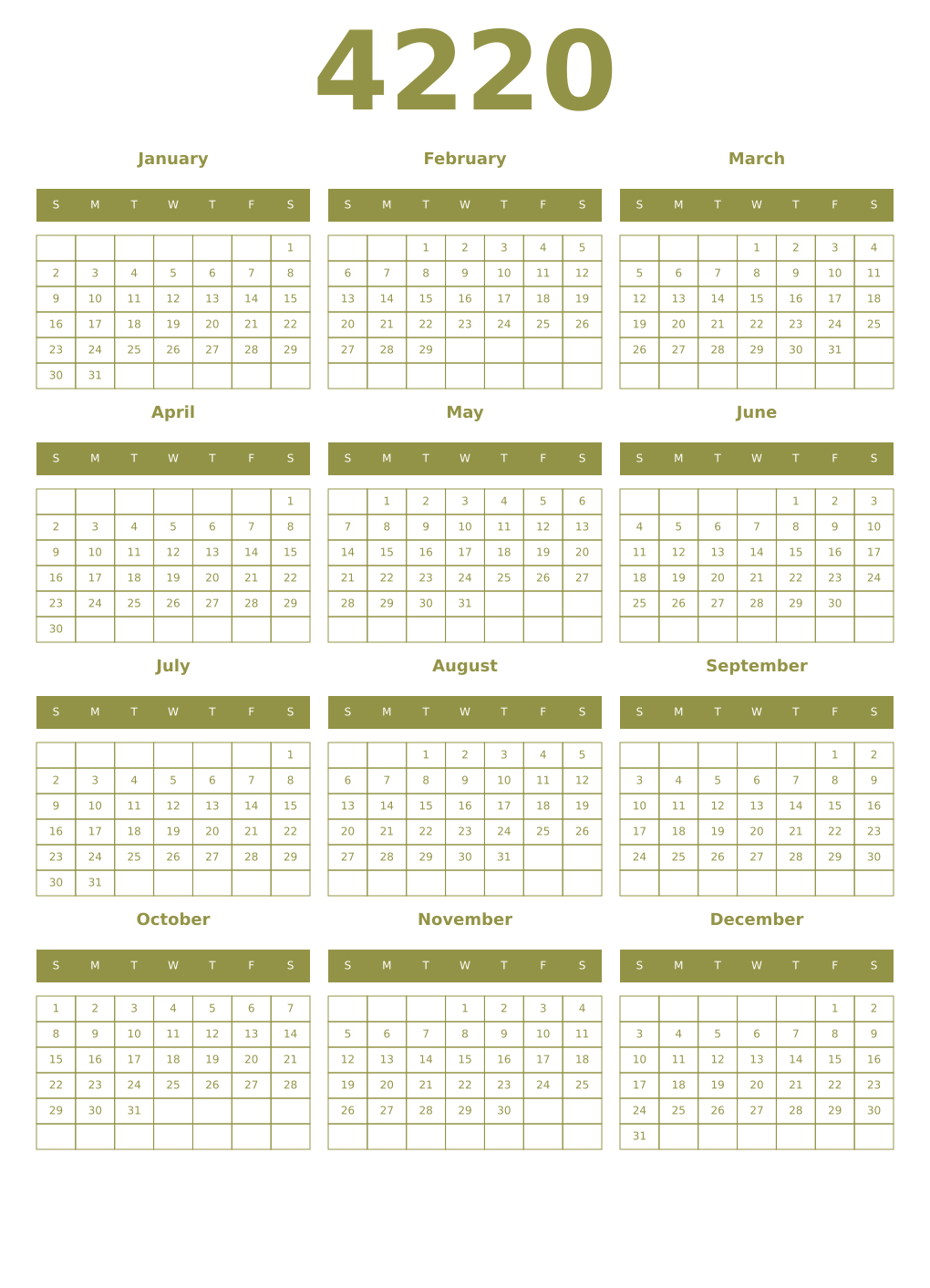 Printable 4220 Year Calendars eburnean