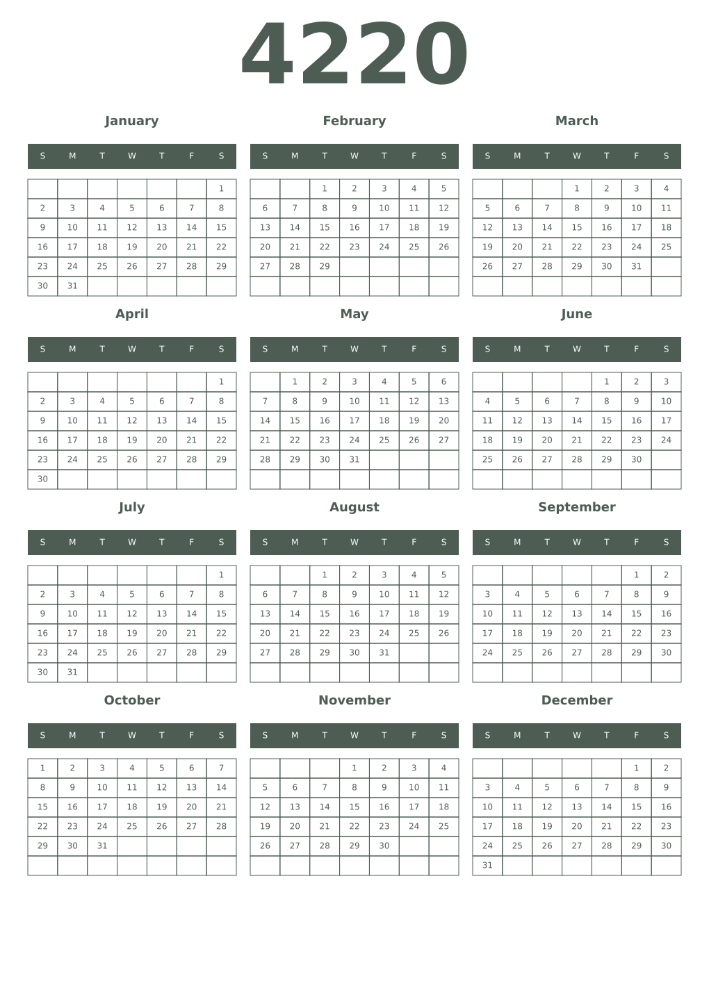 Printable 4220 Year Calendars feldgrau