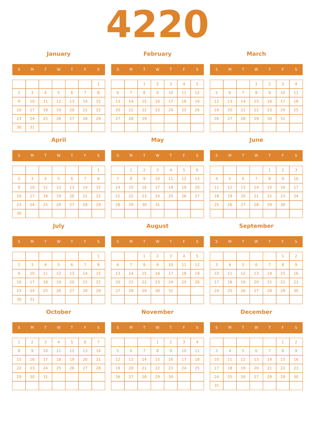 Printable 4220 Year Calendars orange