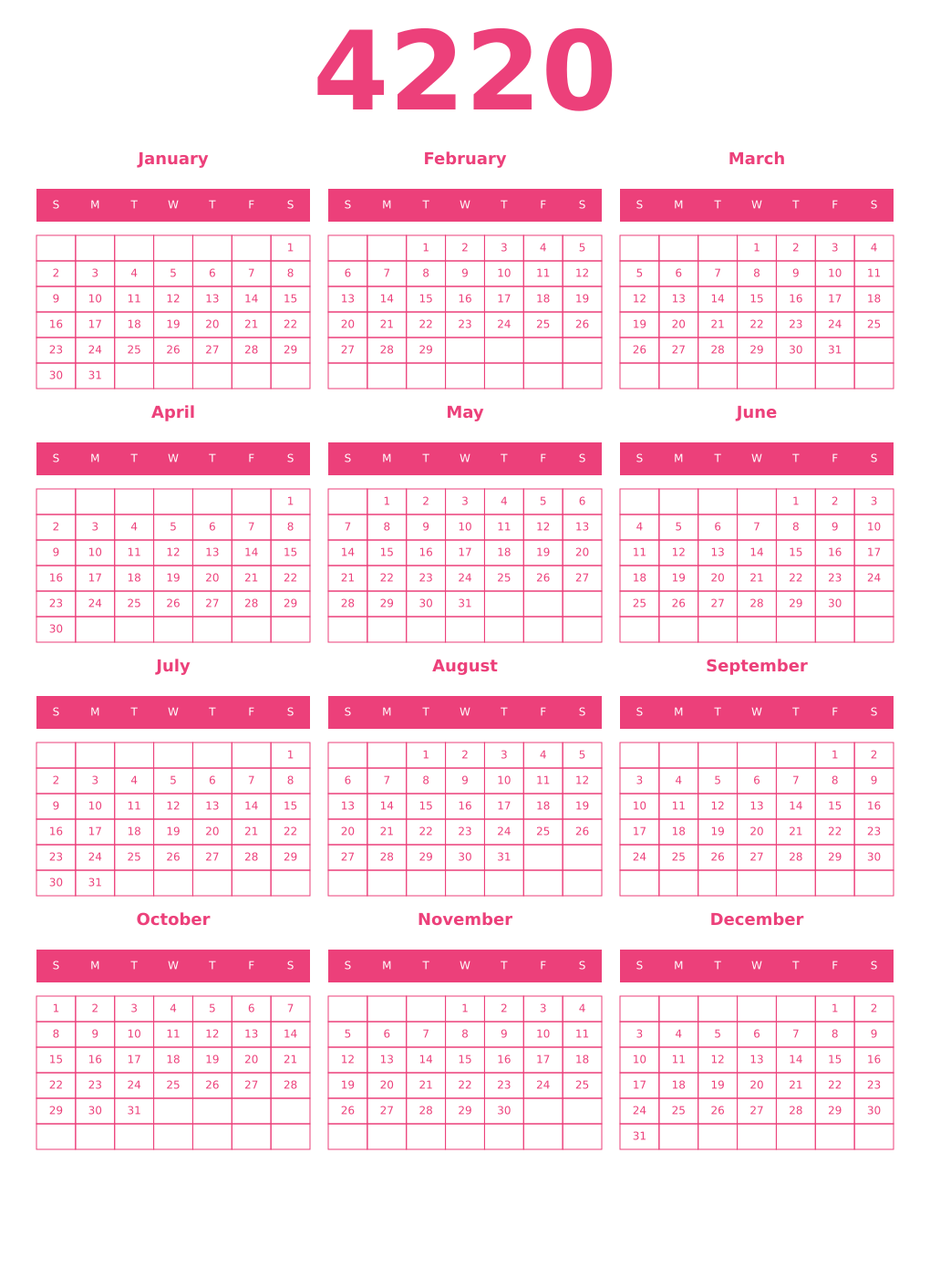 Printable 4220 Year Calendars pink