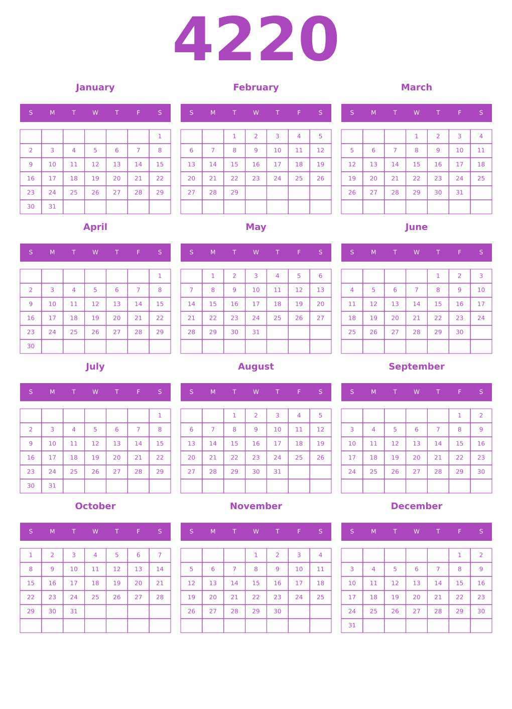 Printable 4220 Year Calendars purple