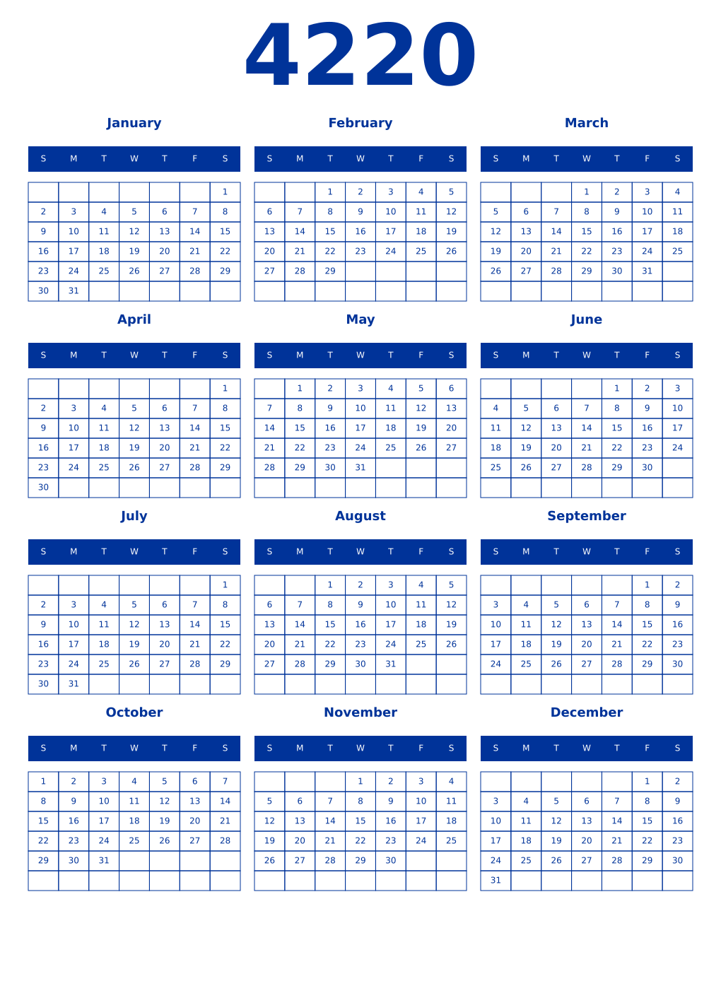 Printable 4220 Year Calendars smalt