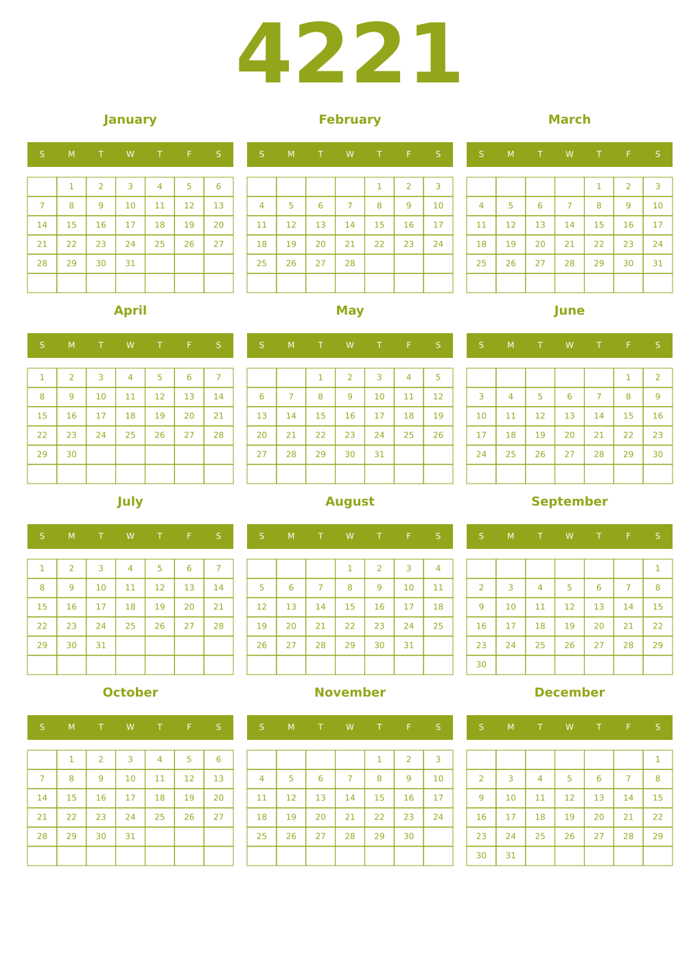 Printable 4221 Year Calendars chartreuse