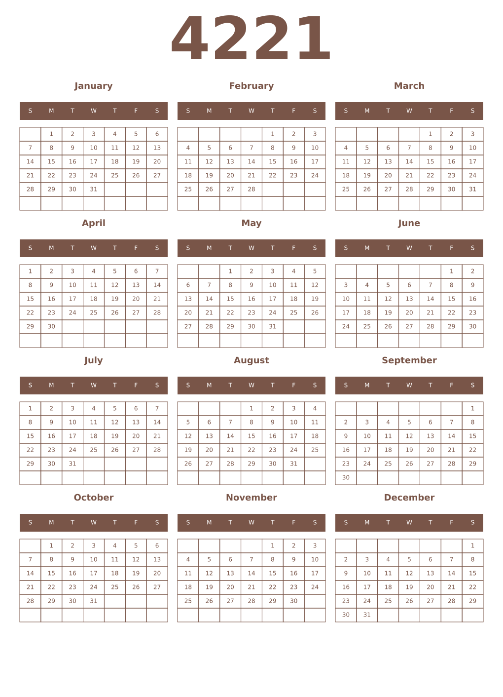 Printable 4221 Year Calendars coffe