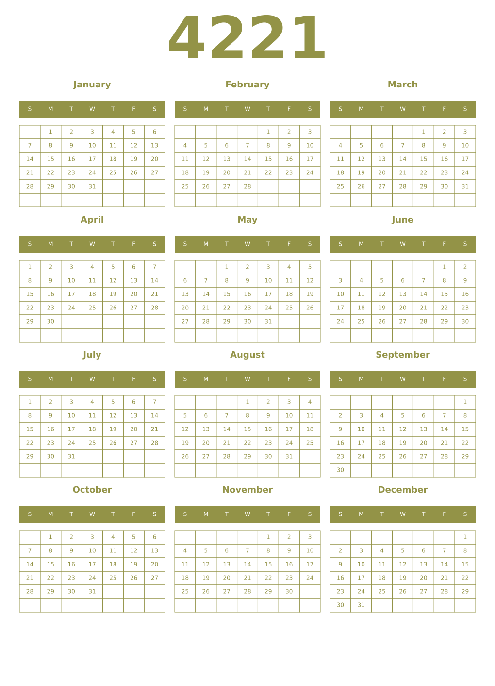 Printable 4221 Year Calendars eburnean