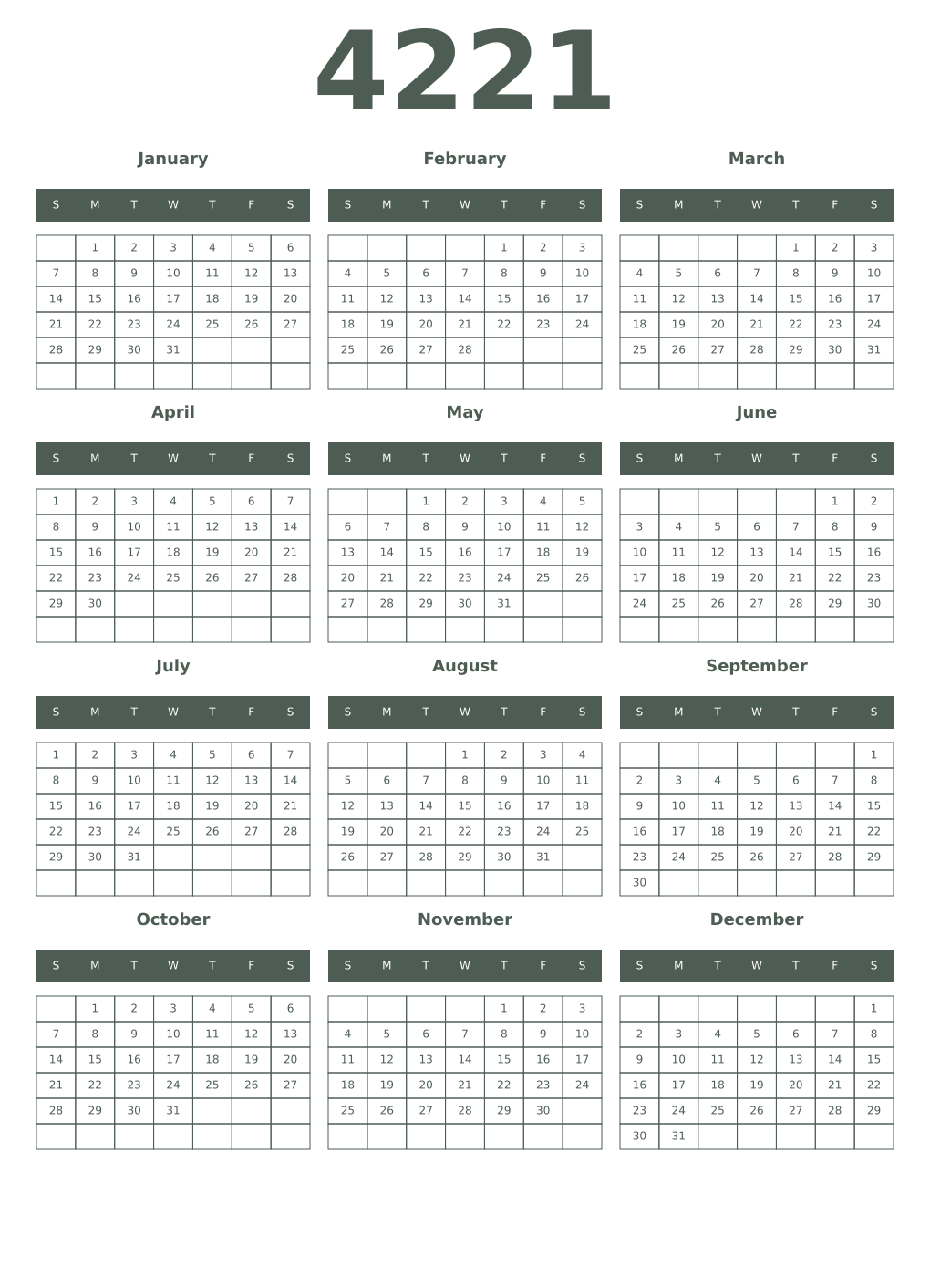 Printable 4221 Year Calendars feldgrau