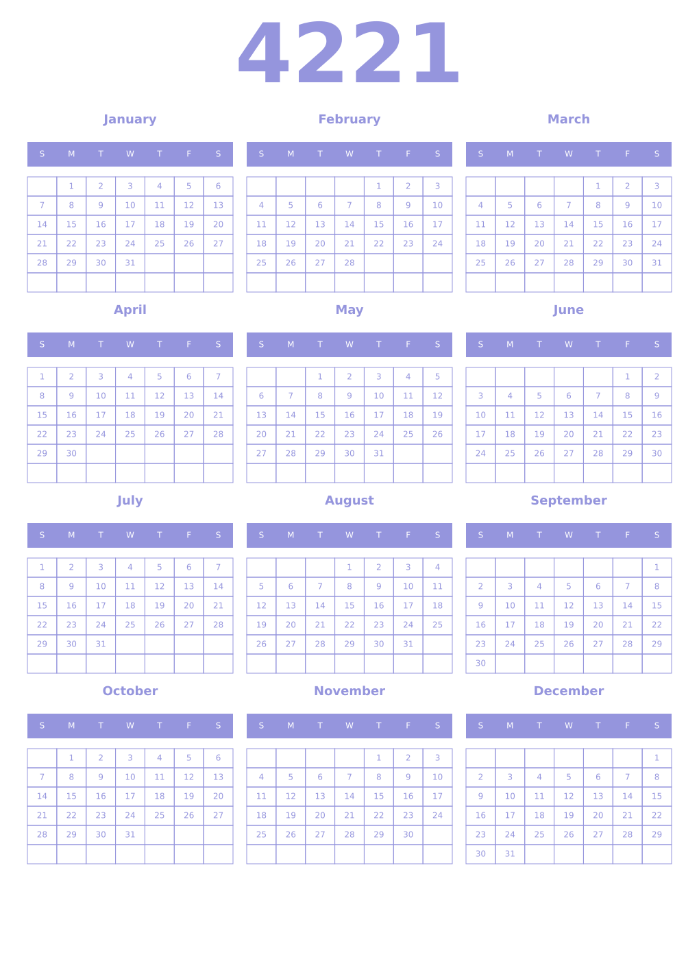 Printable 4221 Year Calendars periwinkle