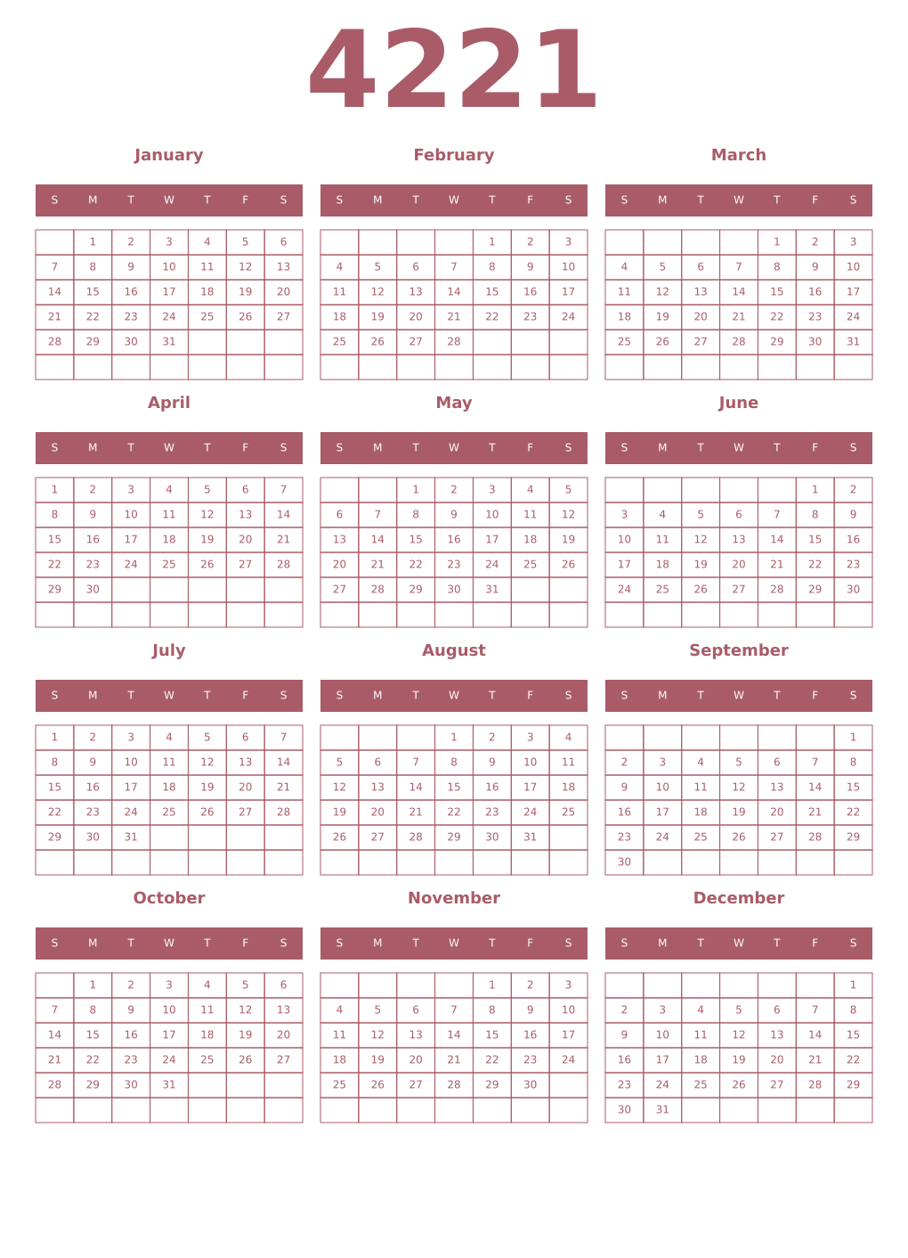 Printable 4221 Year Calendars puce