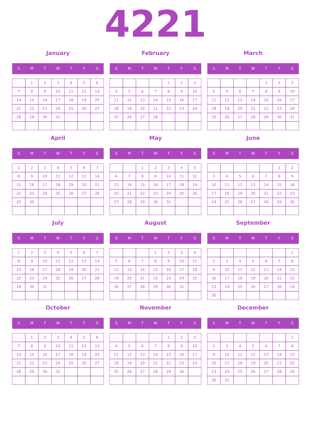 Printable 4221 Year Calendars purple