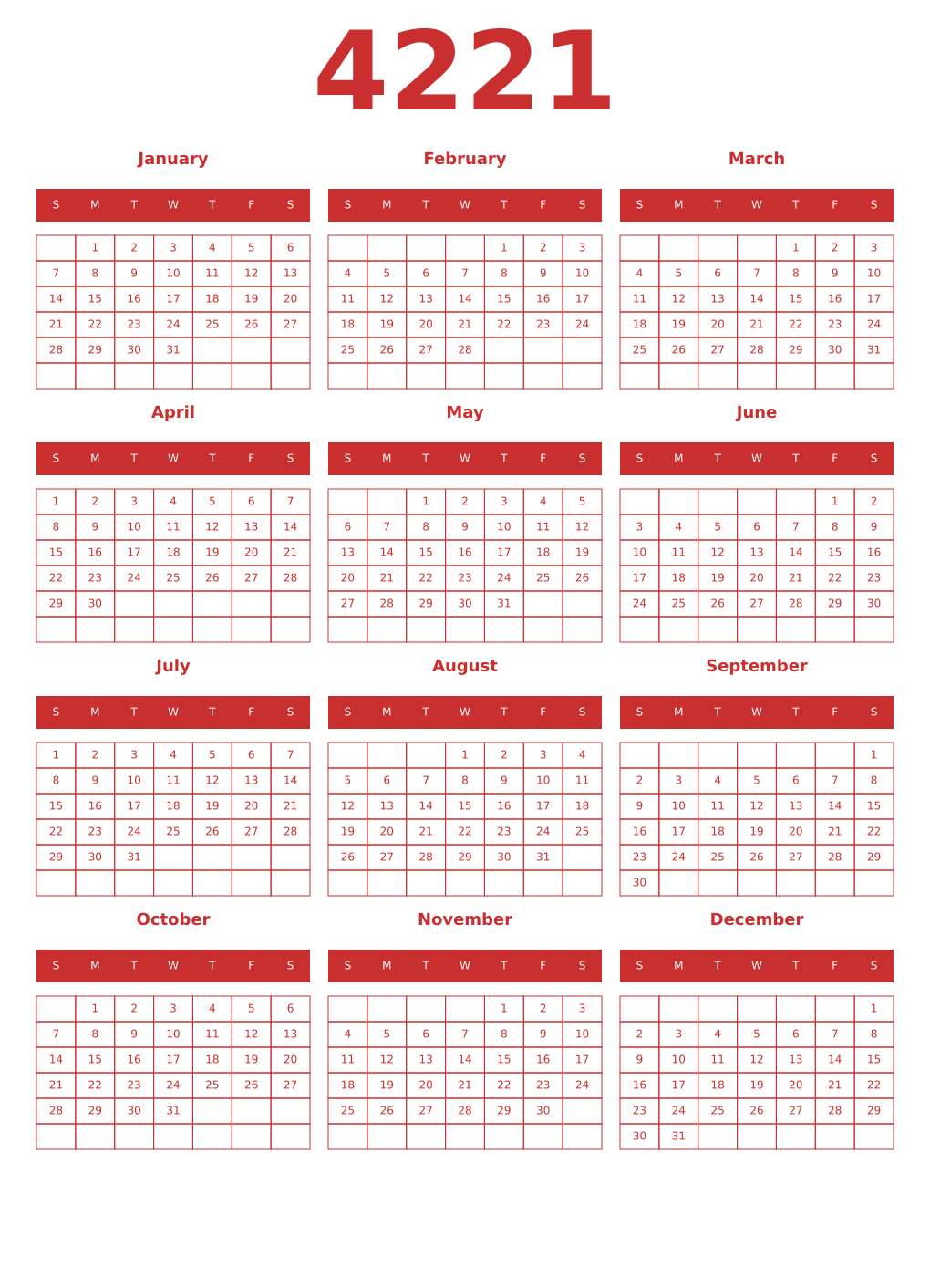 Printable 4221 Year Calendars red