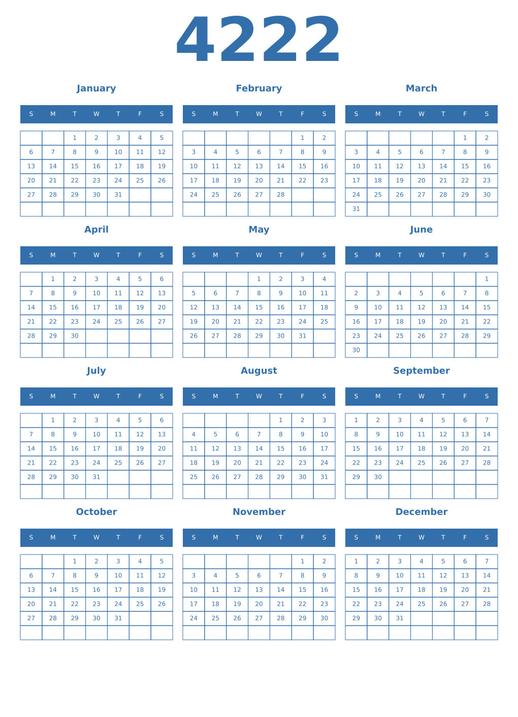 Printable 4222 Year Calendars blue