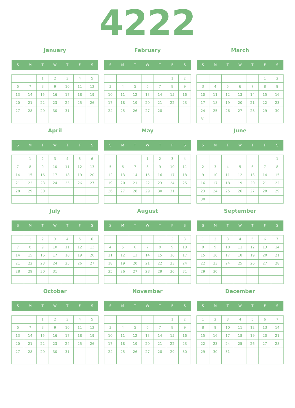 Printable 4222 Year Calendars celadon