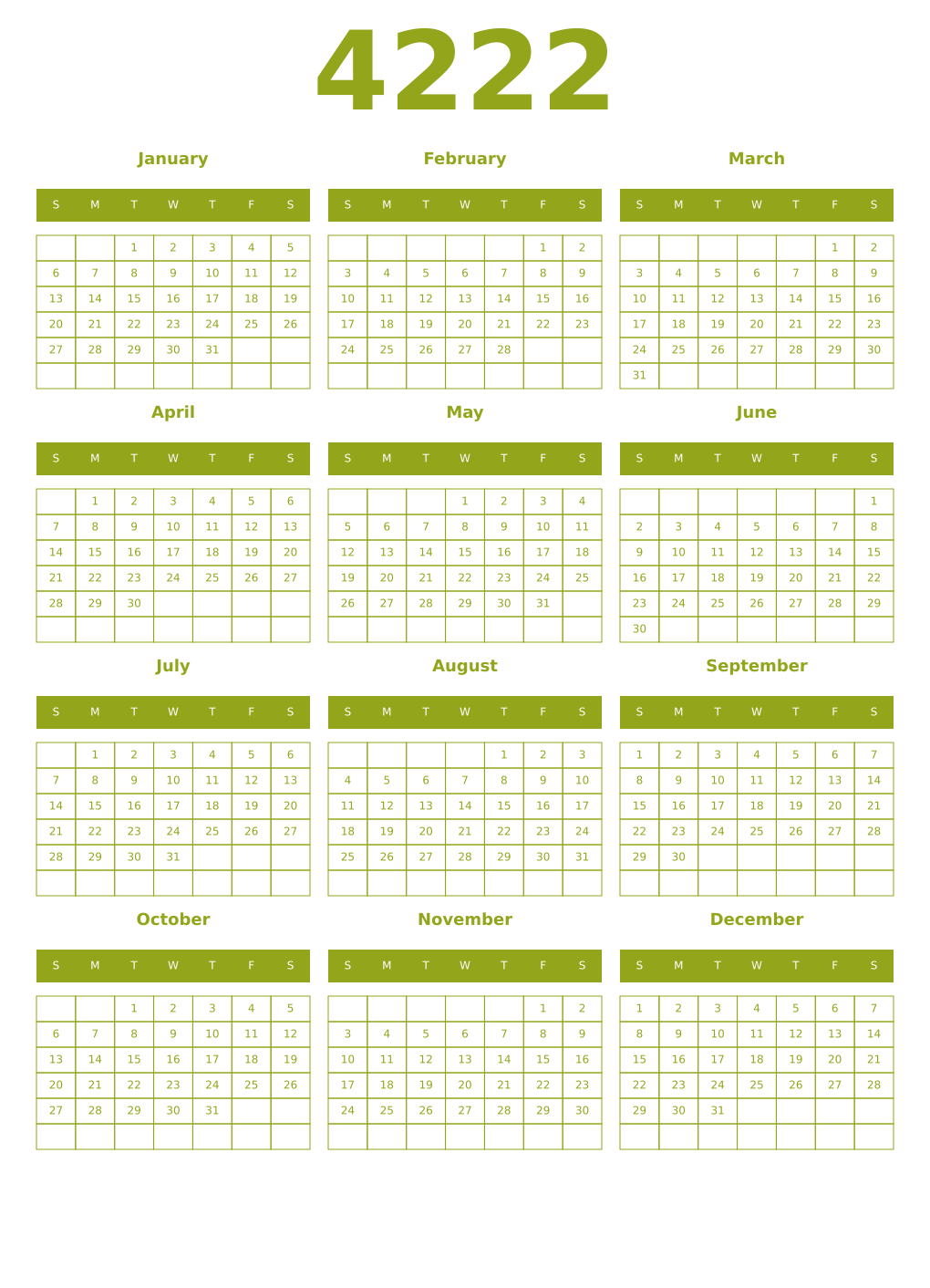 Printable 4222 Year Calendars chartreuse