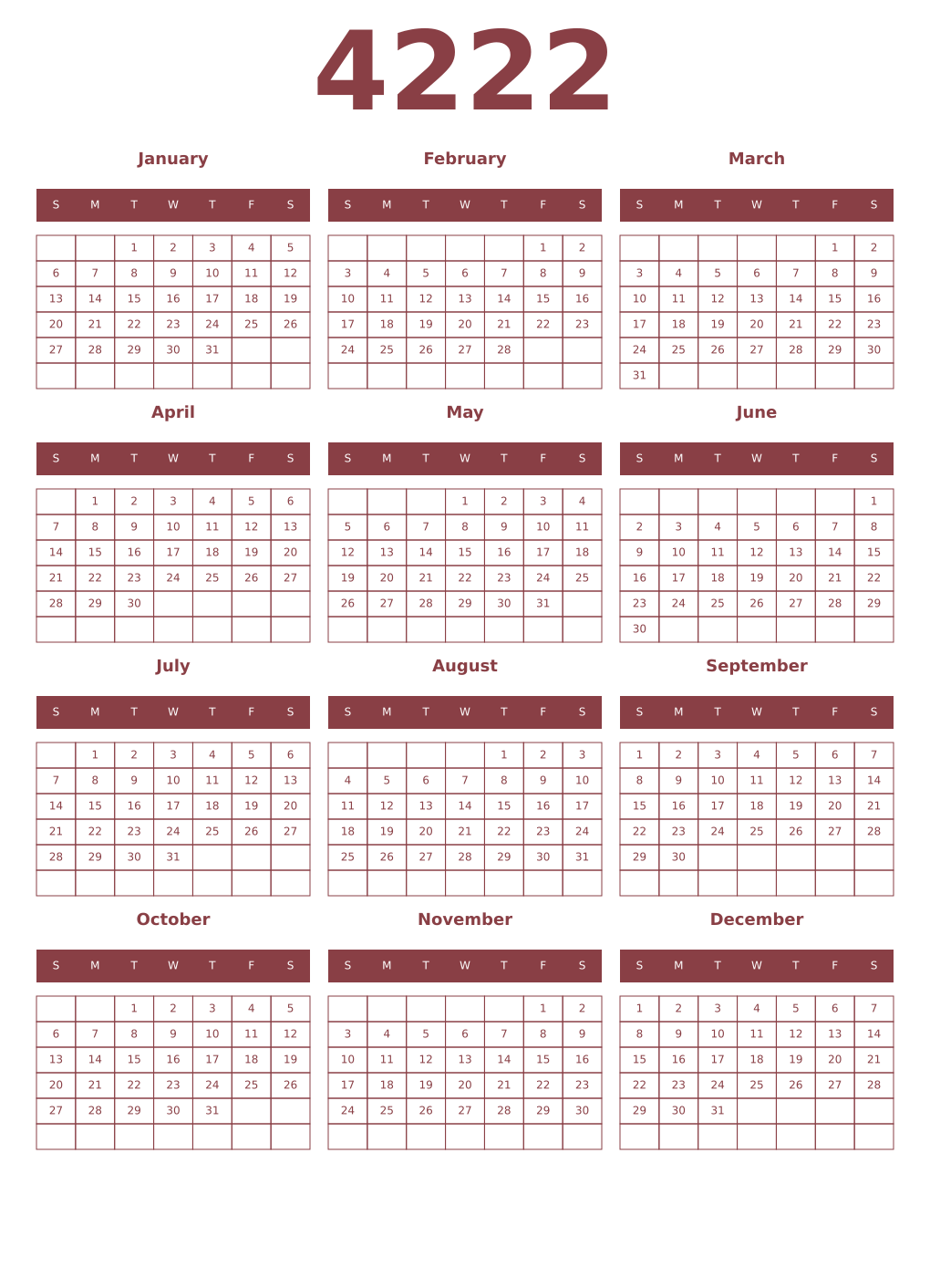 Printable 4222 Year Calendars cordovan
