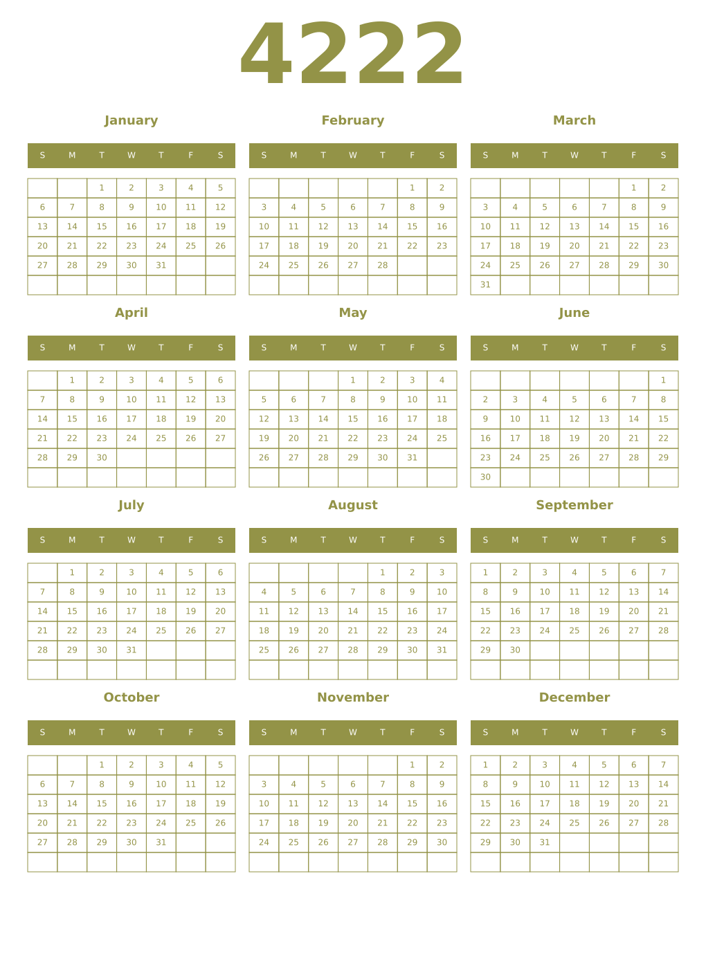 Printable 4222 Year Calendars eburnean