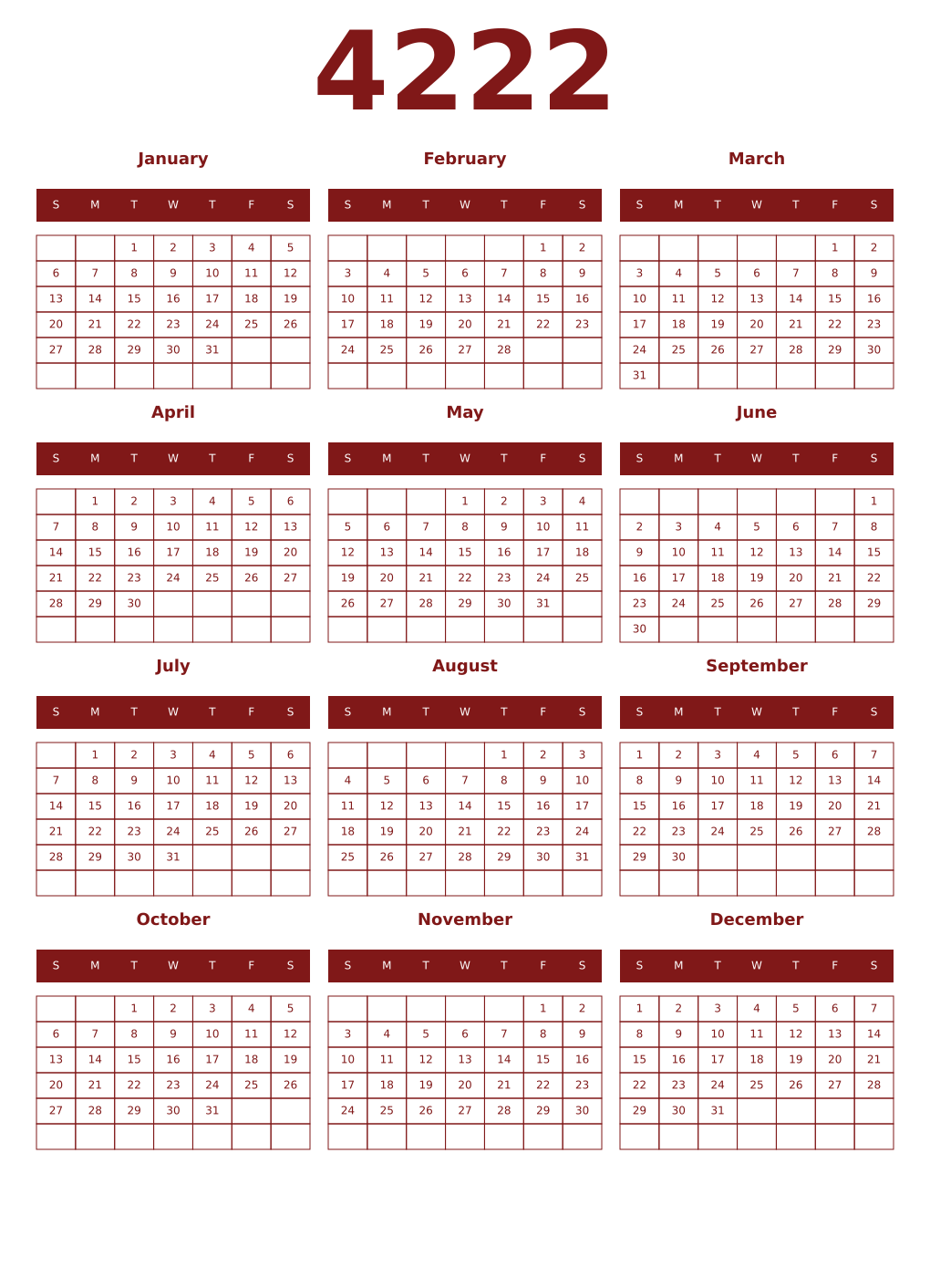 Printable 4222 Year Calendars falu