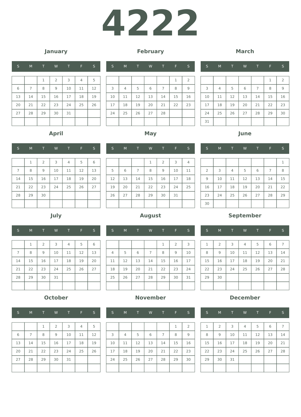 Printable 4222 Year Calendars feldgrau