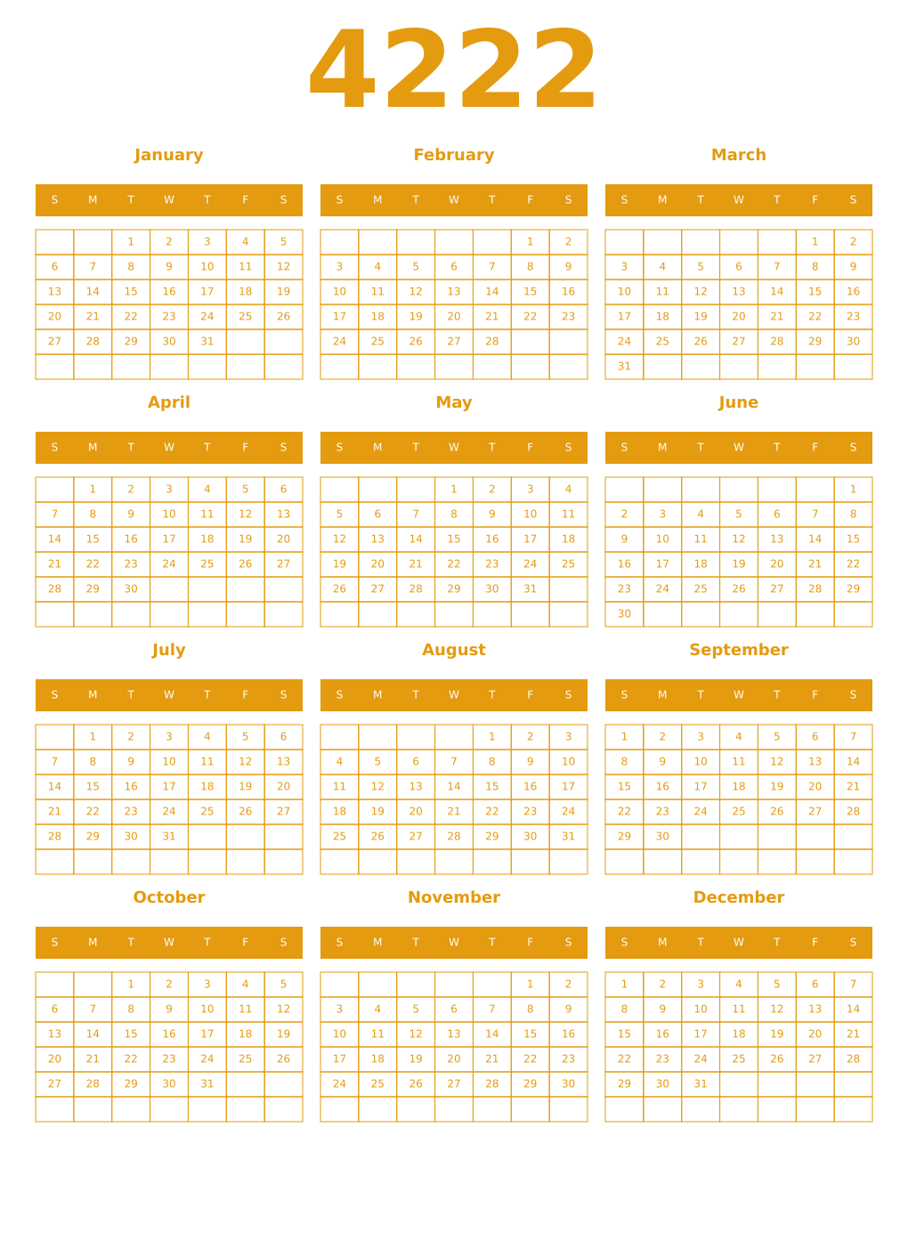 Printable 4222 Year Calendars gamboge