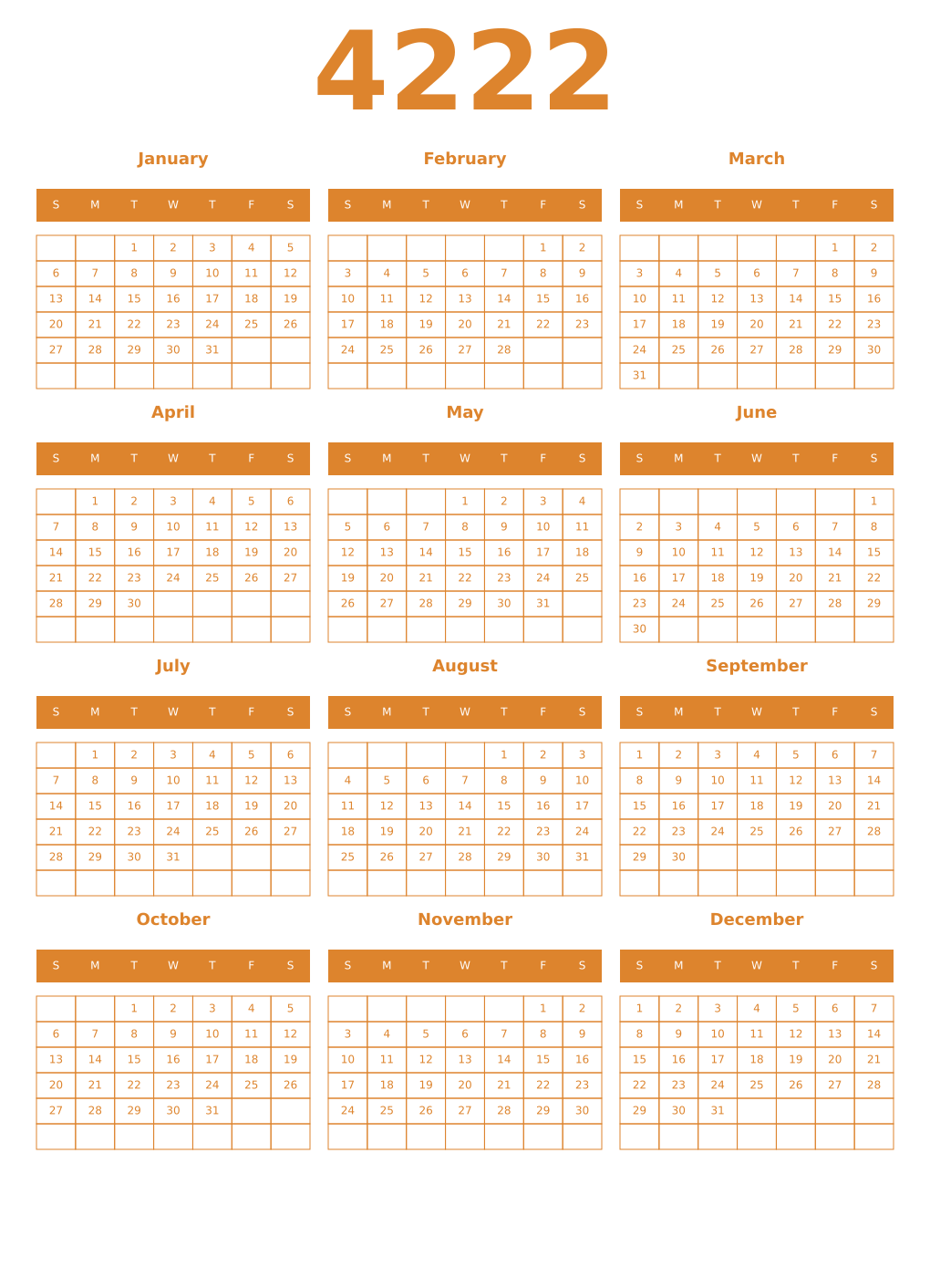 Printable 4222 Year Calendars orange