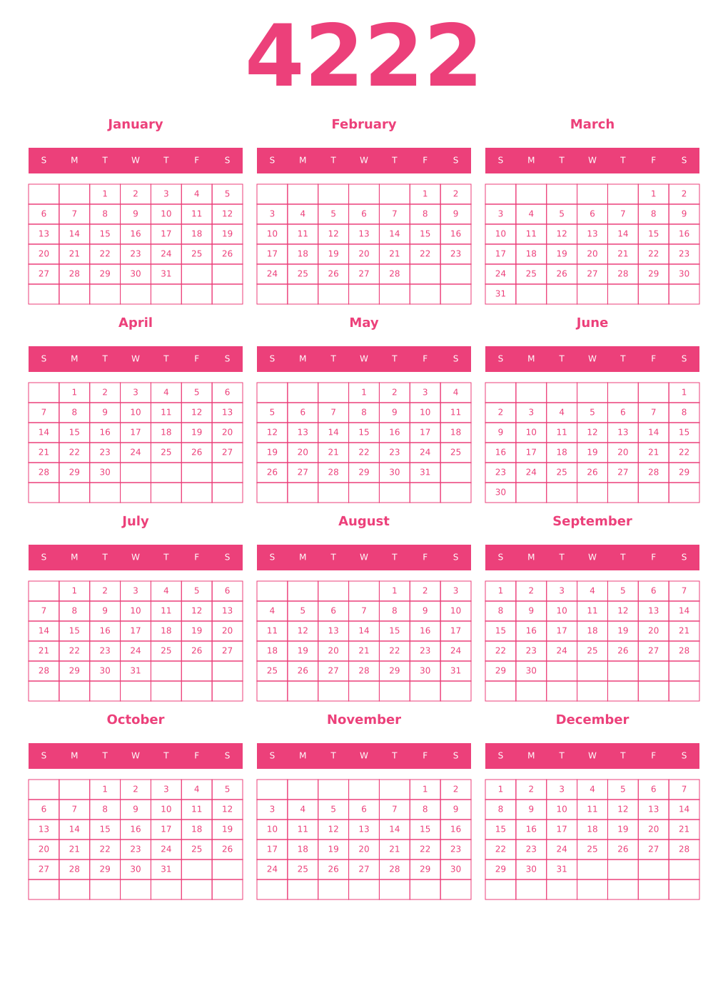 Printable 4222 Year Calendars pink