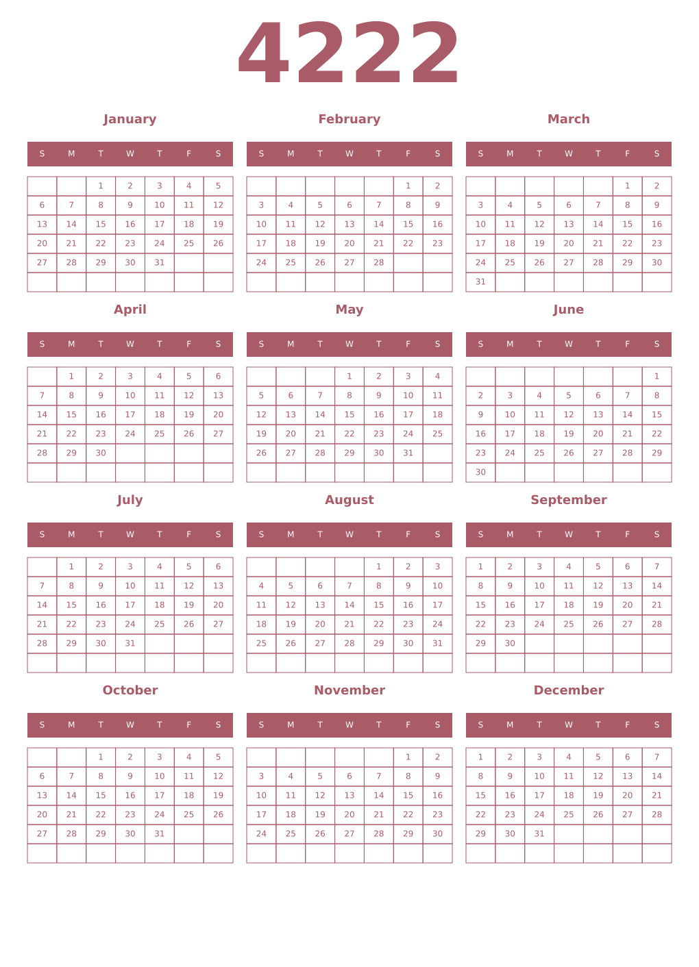 Printable 4222 Year Calendars puce