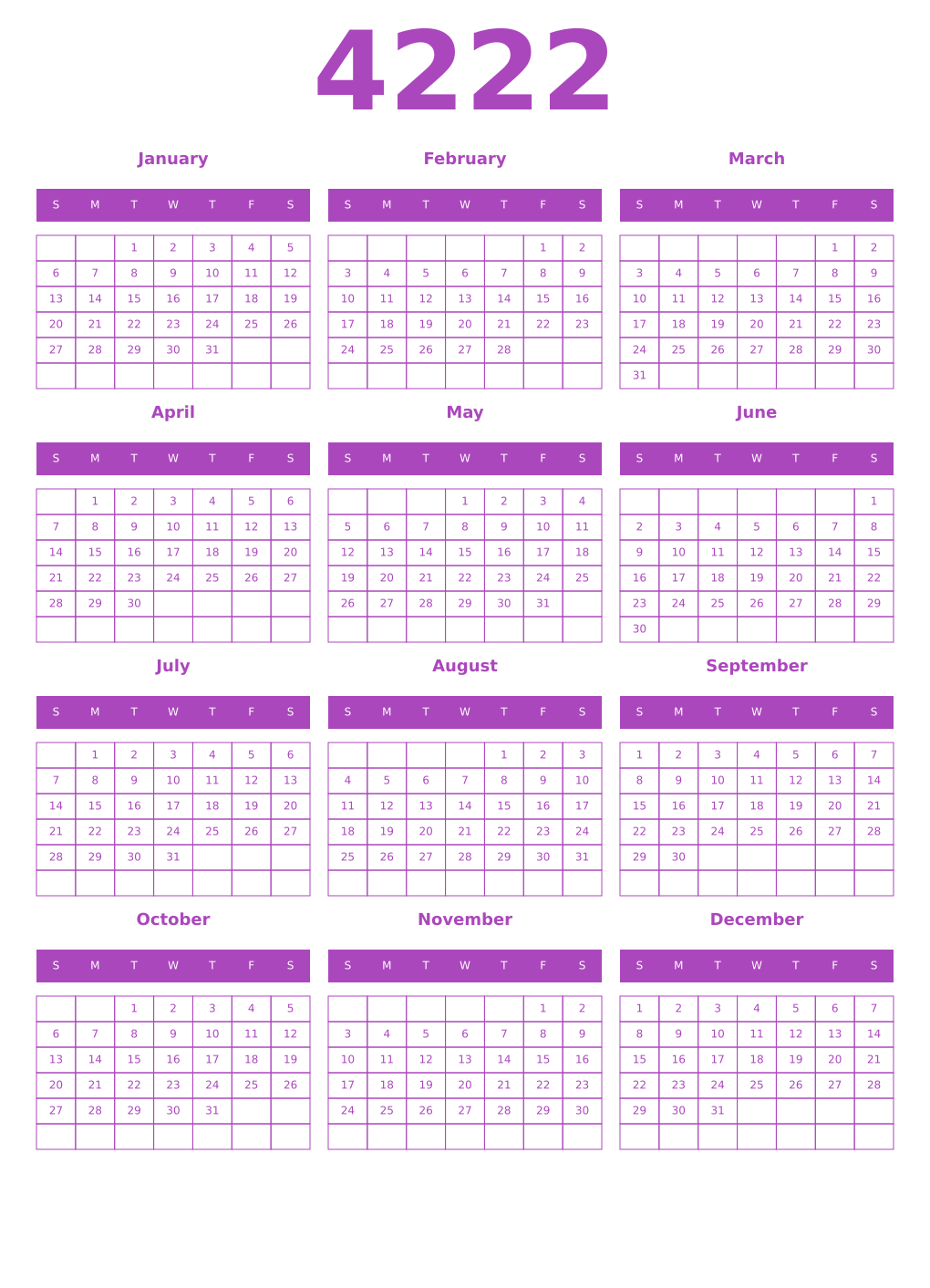Printable 4222 Year Calendars purple