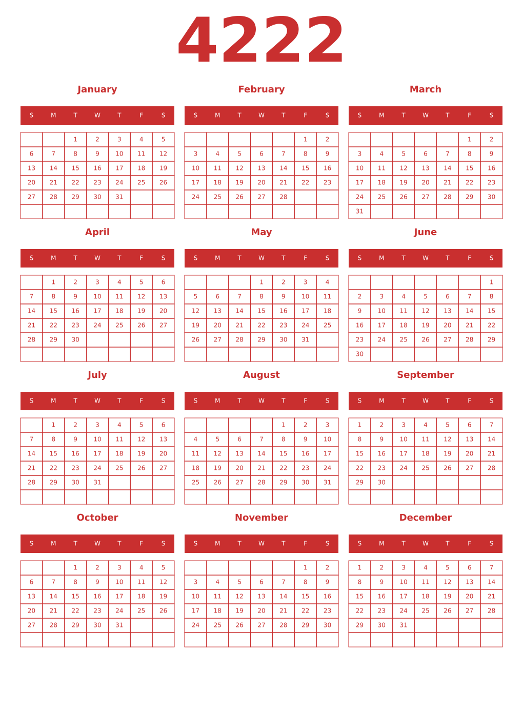 Printable 4222 Year Calendars red