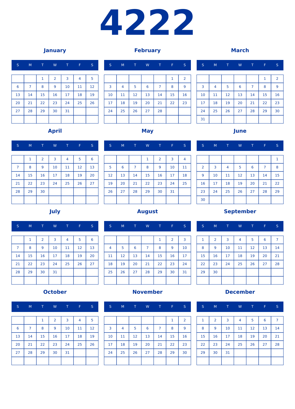 Printable 4222 Year Calendars smalt