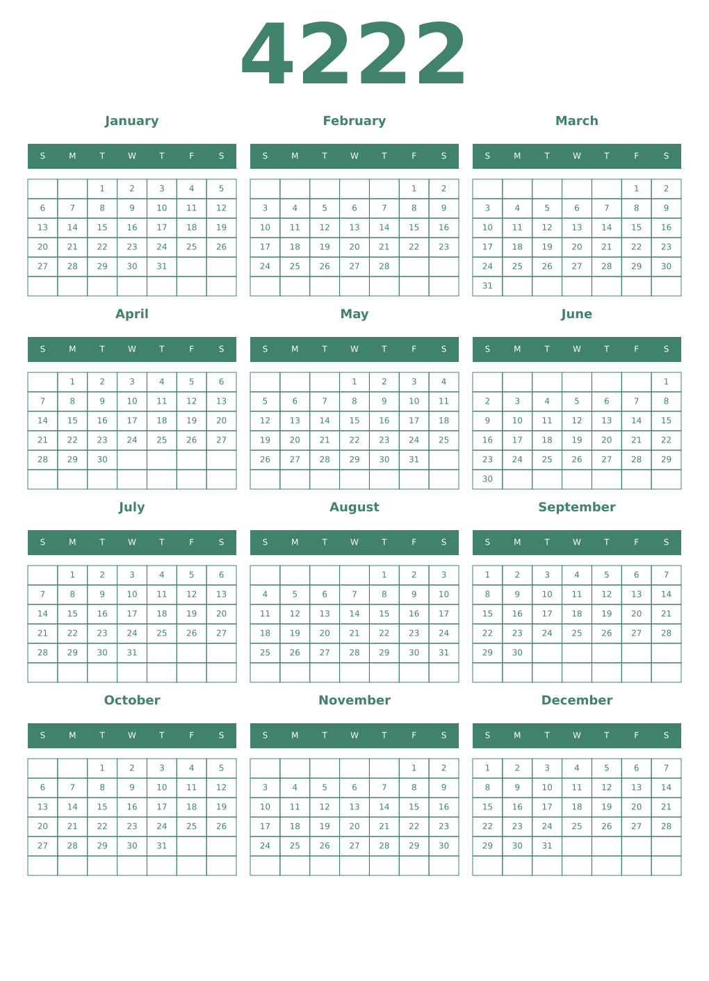 Printable 4222 Year Calendars viridian