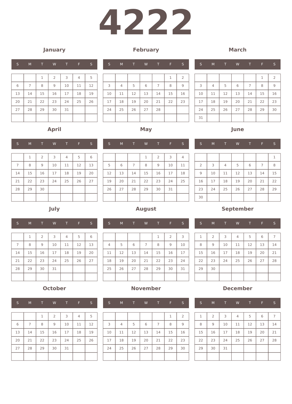 Printable 4222 Year Calendars wenge