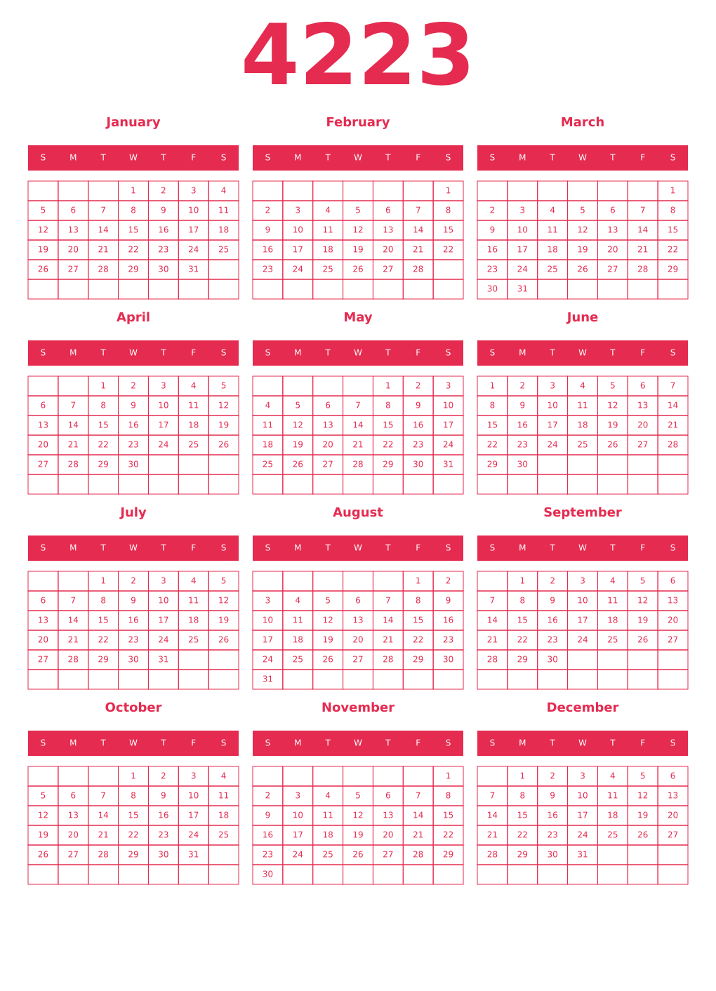 Printable 4223 Year Calendars amaranth