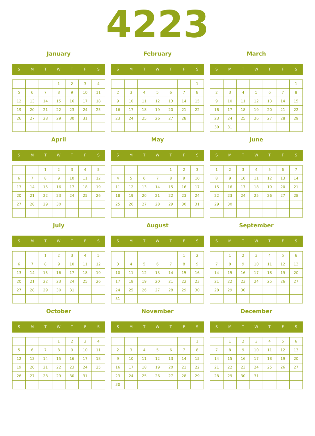 Printable 4223 Year Calendars chartreuse
